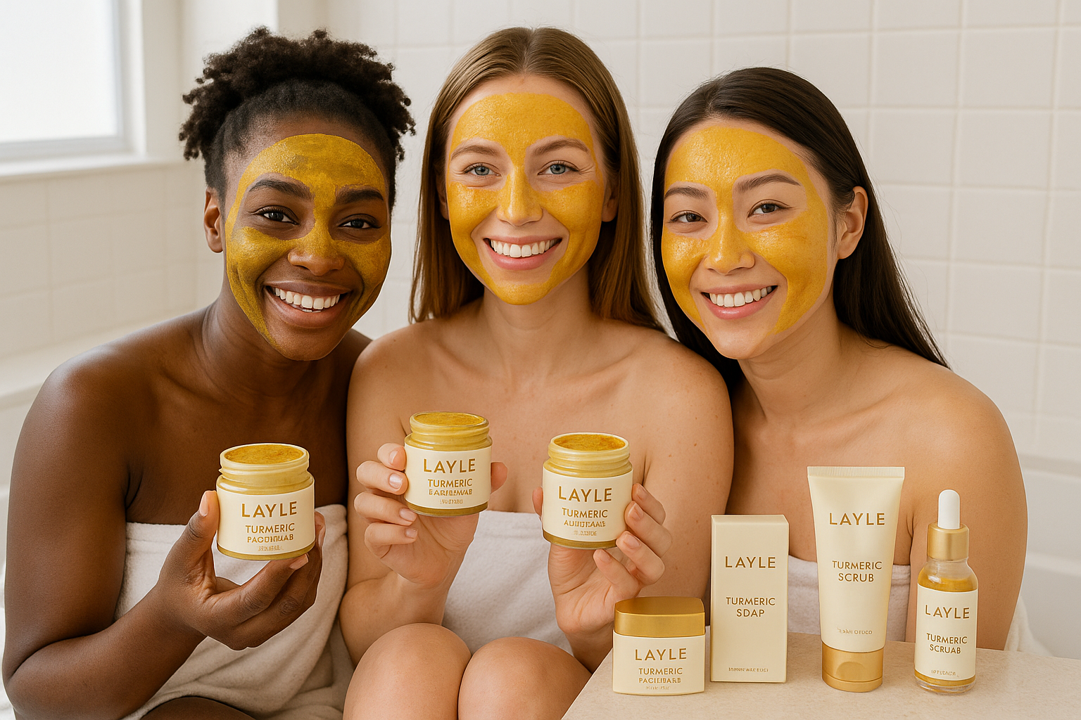 a picture of a black girl , white girl and Asian girl with LAYLE face MASK on the face and holding LAYLE turmeric mask with LAYLE other turmeric products in the bacground, turmeric acid cleanser, turmeric soap, turmeric scrub, turmeric serum turmeric scrub all in a very relatable way and clean synergy