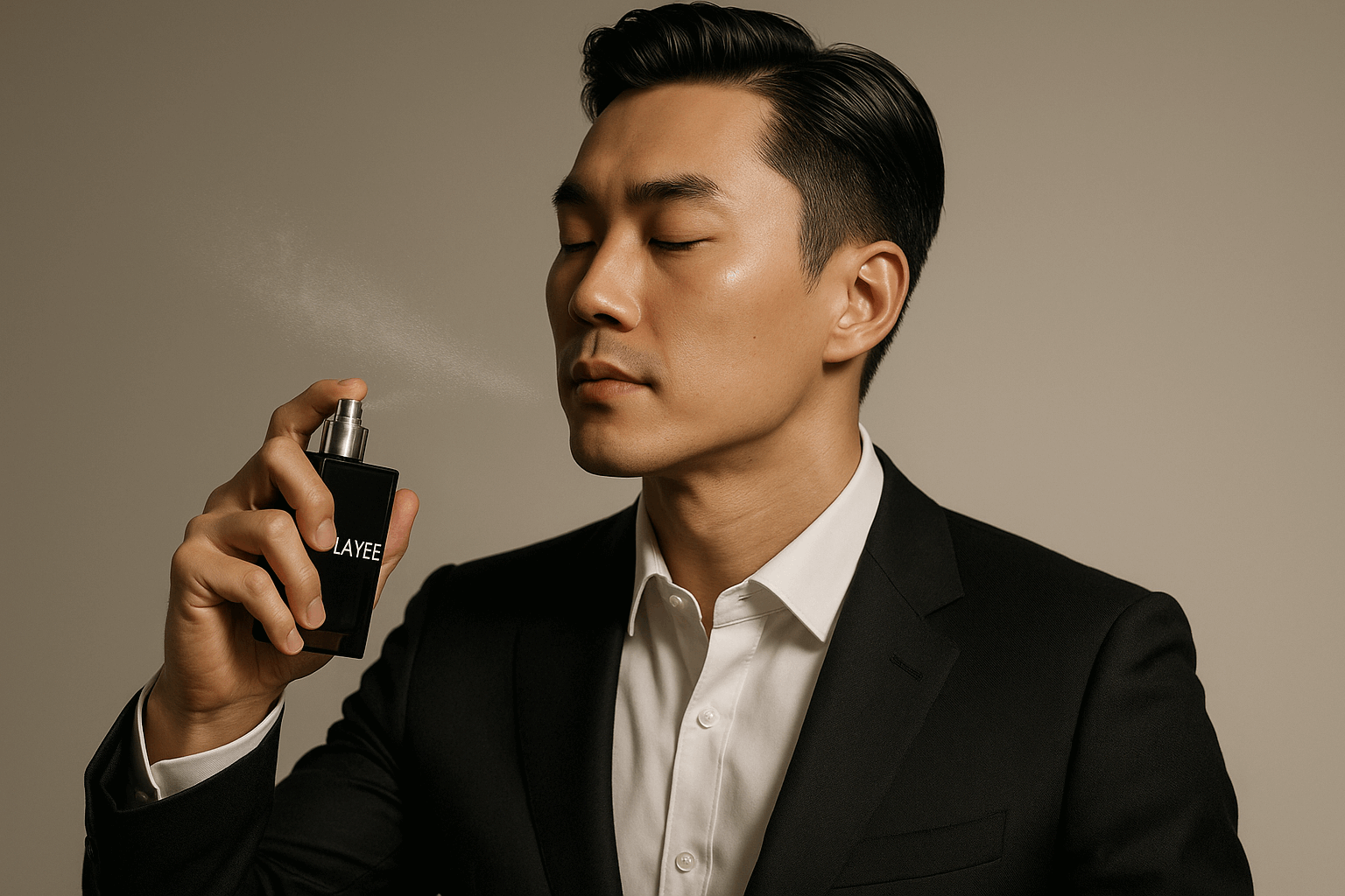 an Asian looking guy  spraying LAYEE perfume