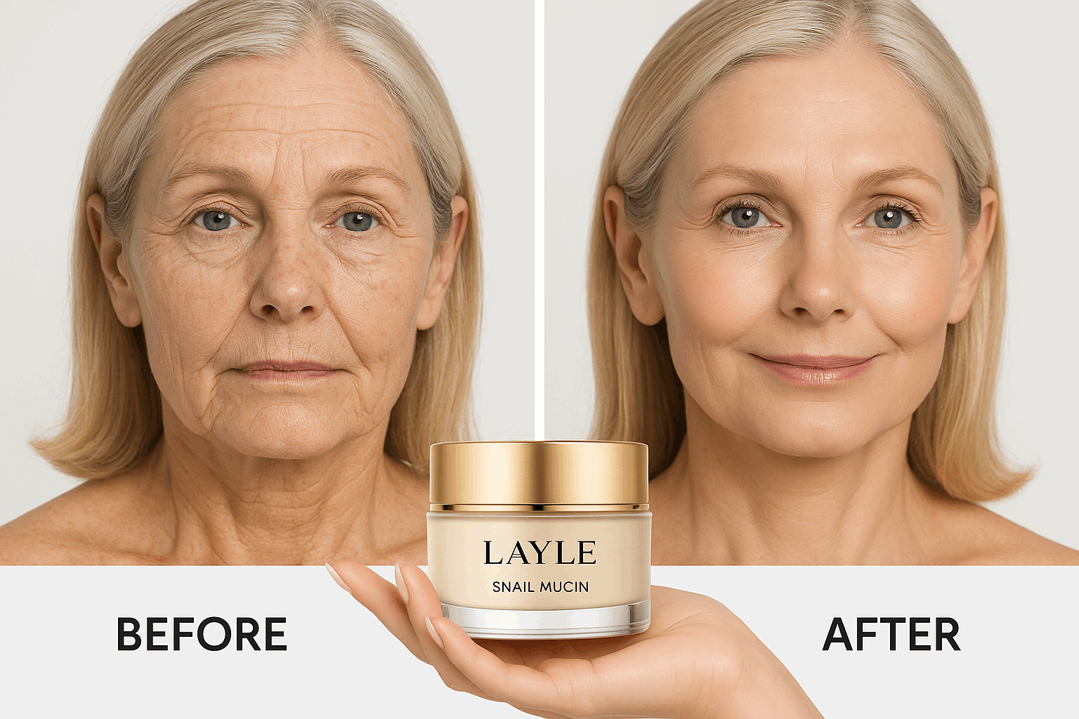 effect of snail mucin cream on an aging face show before and after LAYLE SNAIL MUCIN Jar on her hand