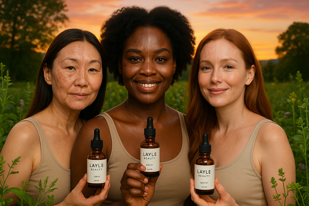 instead of the mask and the jar can we have each of them showing one half before anti aging anti acne treatment and the other side of the face showing the result all of them holding a bottle of Layle Beauty serum